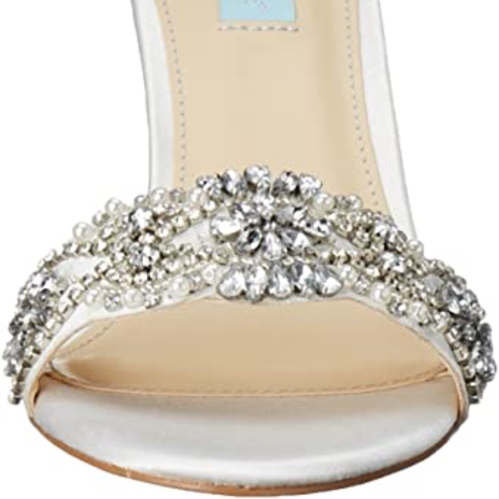 Betsey Johnson Gina Jeweled Ankle Strap Dress Sandals Silve Satin Stiletto Heels - Picture 2 of 8